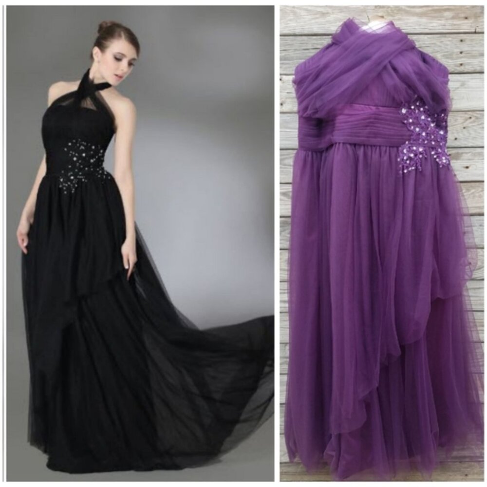LightInTheBox A-line Purple Halter Tulle Satin Evening Dress - 3X